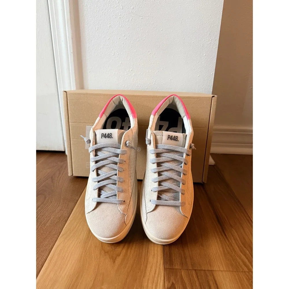 P448 John Low Top Sneakers Beige‎ Perforated Suede Neon Pink Heel 38 / 8